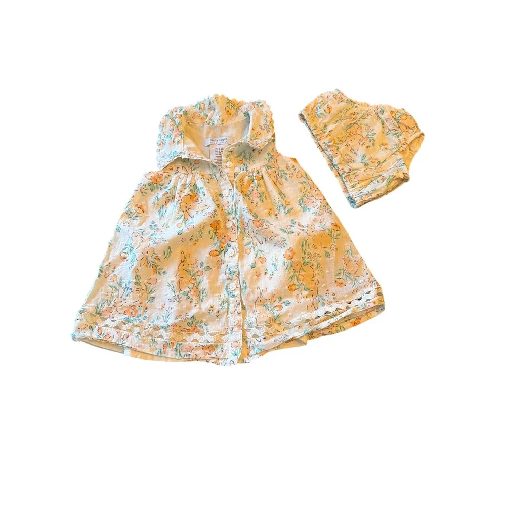 Haute Hippie Kids Dress Set Cream Floral Bunny Swiss Dot Lace 3-6M Sleeveless
